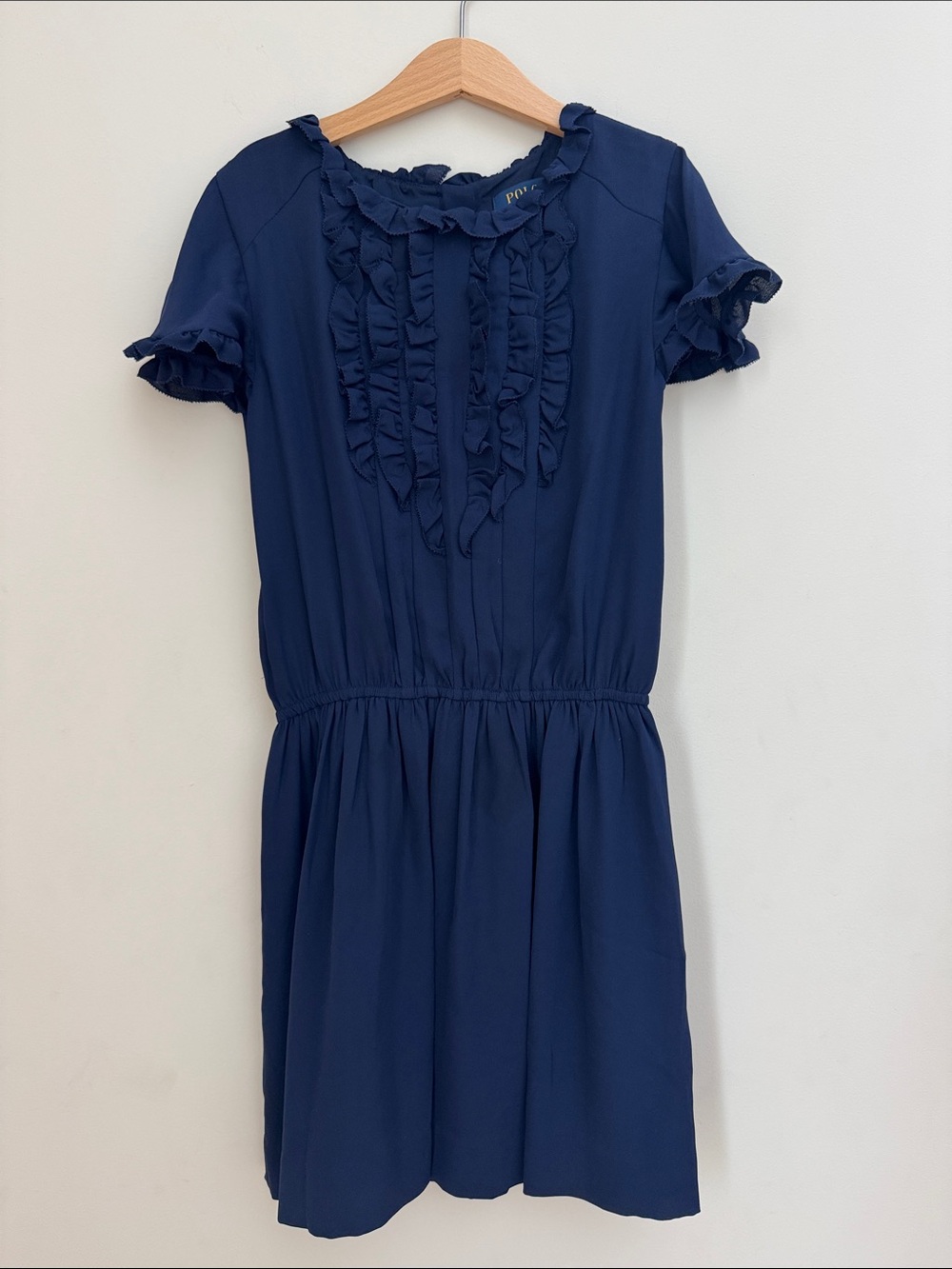 Polo Ralph Lauren Girls Ruffle Dress Size 8 Navy Blue Short Sleeve Cotton